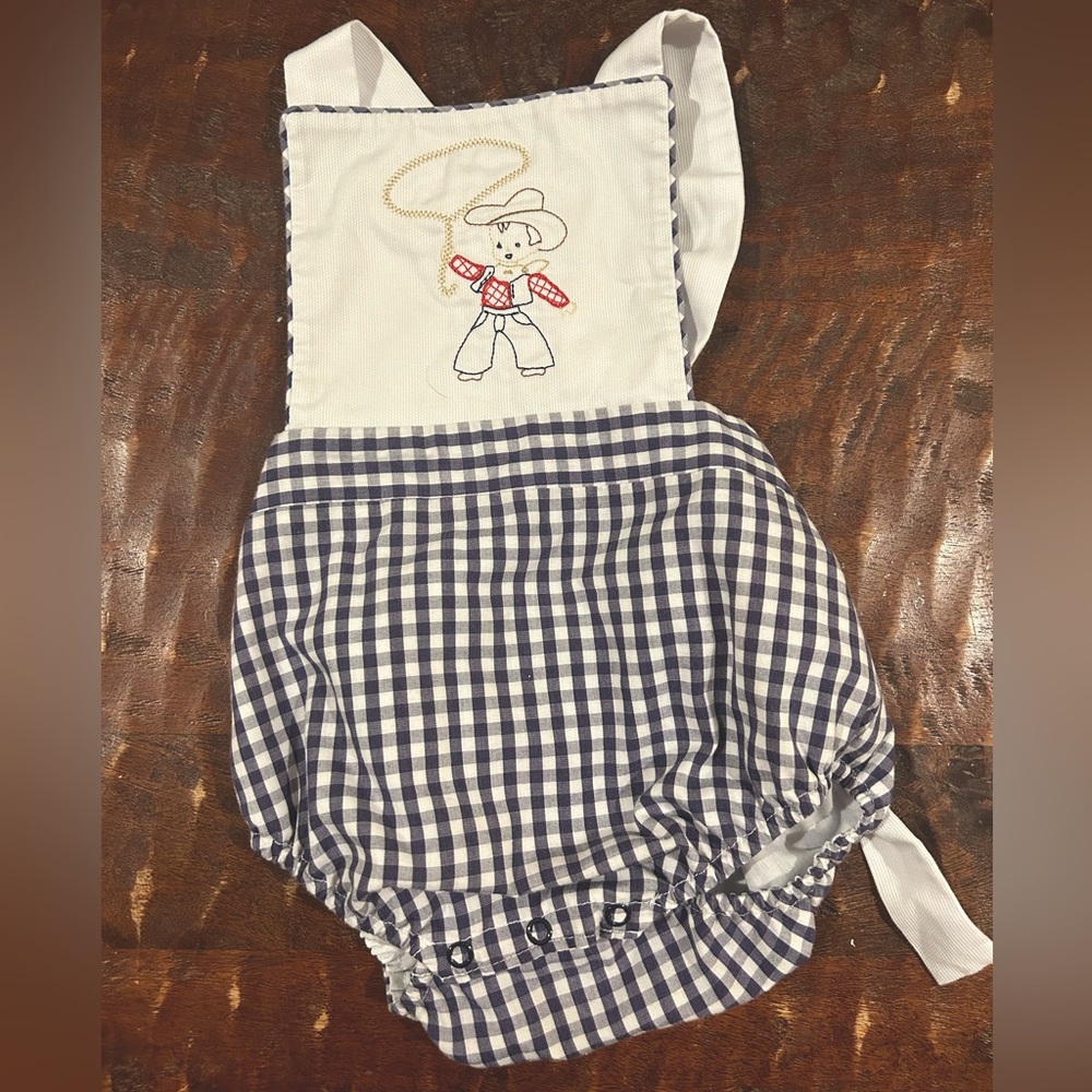 BB Embroidered Cowboy Navy/White Gingham Baby Bubble